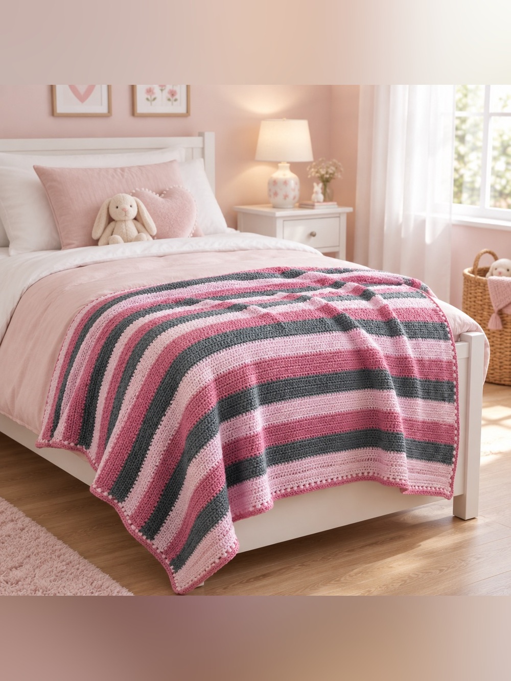 Handmade Striped Crochet Throw Blanket - Pink & Gray